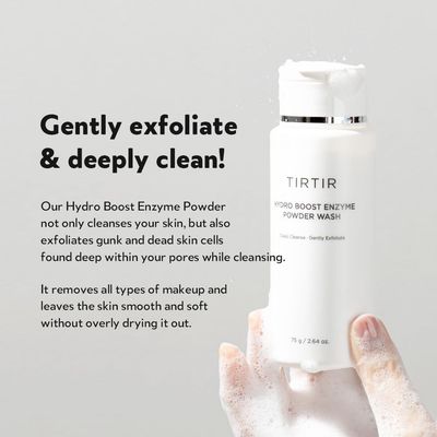 TIRTIR - Hydro Boost Enzyme Powder Wash - Enzyminis prausiklis. Valomoji veido pudra, po kurios oda tampa lygi, sudrėkinta ir gaivi. Jos pagrindą sudaro vaisių fermentai, kurie švelniai, bet veiksmingai pašalina negyvą odą ir panaikina šiurkštumo pojūtį.