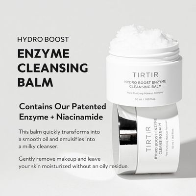 TIRTIR - Hydro Boost Enzyme Cleansing Balm - Enzyminis balzamas - Prabangios kreminės tekstūros balzamas, kontaktuodamas su vandeniu, virsta švelnia pienelio emulsija. Šis valiklis efektyviai pašalina makiažą ir kitus odos nešvarumus, palikdamas odą švarią ir sudrėkintą.