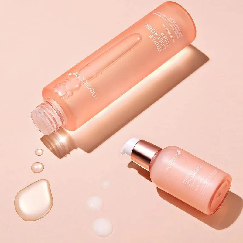 MEDICUBE - Triple Collagen Toner - Giliai drėkinantis tonikas, kuris pagerina odos elastingumą ir padeda atkurti tolygų veido atspalvį.