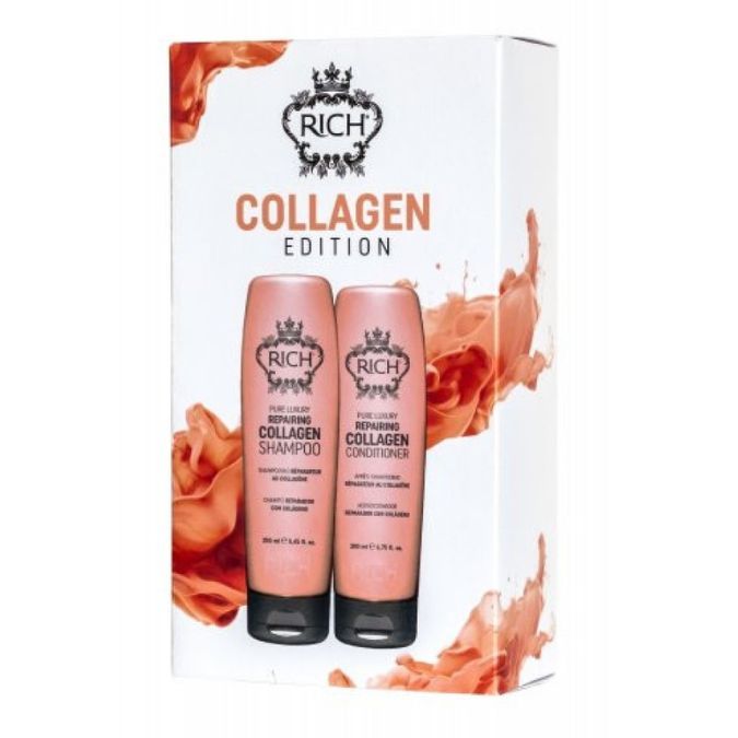 RICH Pure Luxury Repairing Collagen Series Atkuriamųjų priemonių rinkinys šampūnas ir kondicionierius 250+200 ml RICH Pure Luxury Repairing Collagen Series Atkuriamųjų priemonių rinkinys šampūnas ir kondicionierius 250+200 ml
