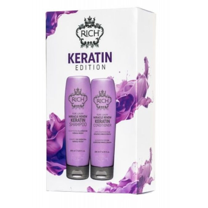RICH Pure Luxury Keratin Edition priemonių rinkinys su keratinu plaukams, šampūnas ir kondicionierius 250+200 ml RICH Pure Luxury Keratin Edition priemonių rinkinys su keratinu plaukams, šampūnas ir kondicionierius 250+200 ml