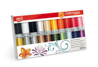 Gütermann gift wrapping thread set with Rayon 40 - 200 m - 16 rolls and Metallic - 200 m - 2 rolls