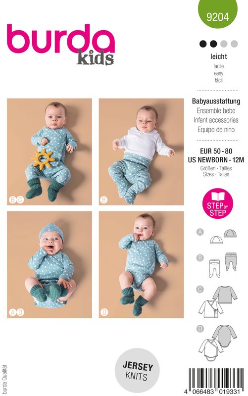 Burda 9204 - Babyset - byxor, overall,, tröja, mössa