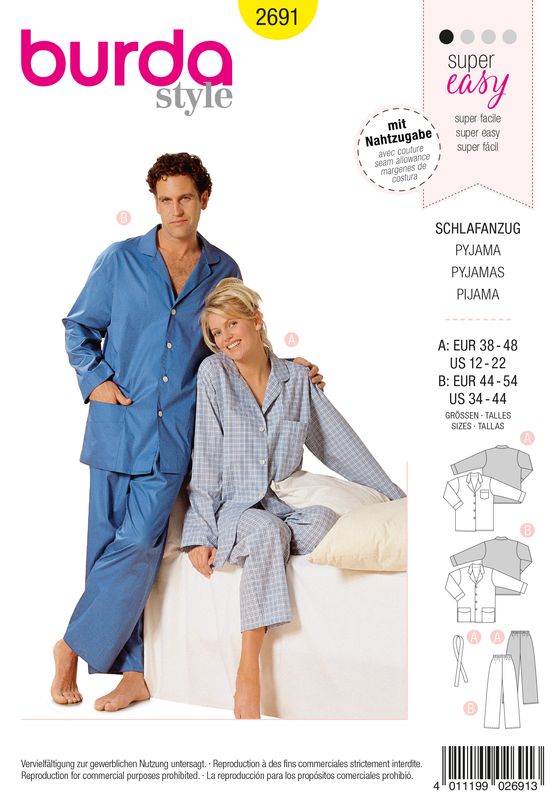 Burda 2691 – Pyjamas unisex med skjortjacka och byxa