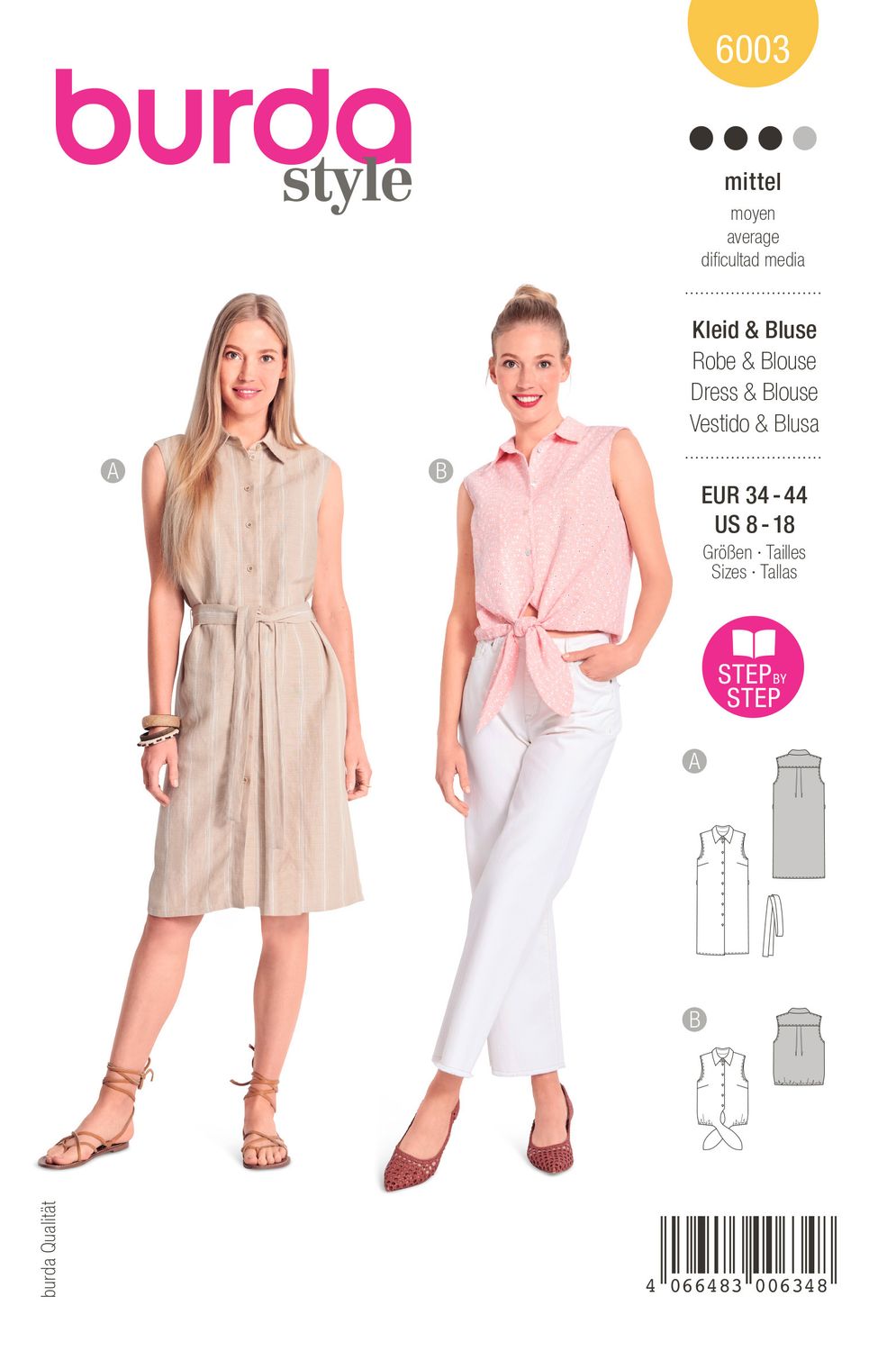 👗 Burda mönster 6003 – Ärmlös skjortklänning &amp; knytblus
