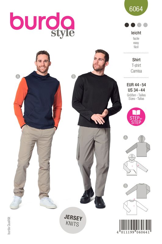 👕 Burda mönster 6064 – Herrsweatshirt med huva eller rund hals