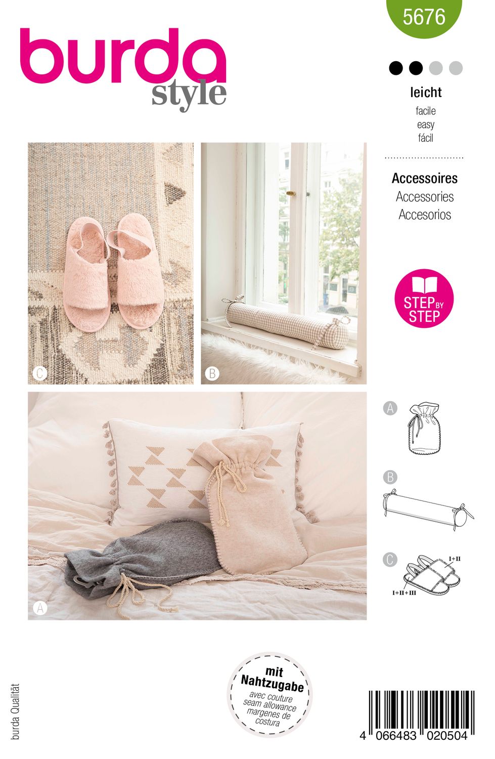 🧵 Burda mönster 5676 – Hemaccessoarer: Värmeflaskfodral, tofflor &amp; dragstopp