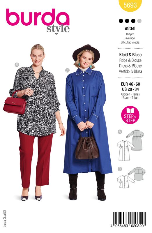 👗 Burda mönster 5693 – Blusklänning &amp; blus (Plusstorlekar)