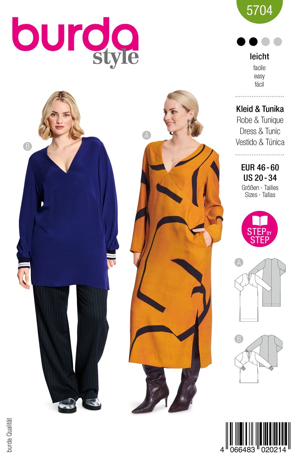 👗 Burda mönster 5704 – Klänning &amp; tunika med V-ringning (Plusstorlekar)