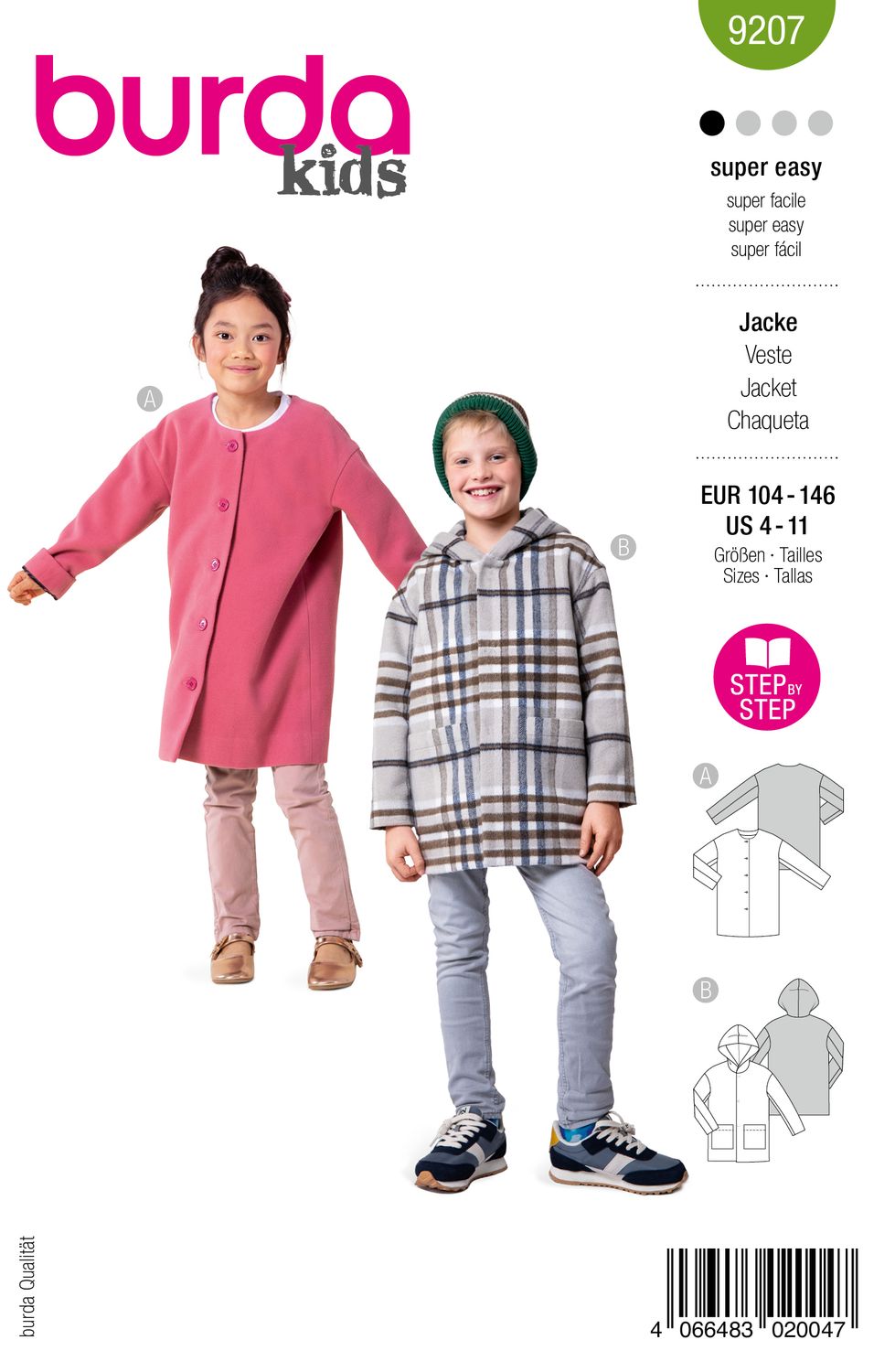 🧥 Burda mönster 9207 – Barnjackor &amp; kappor med knappar (104–146)
