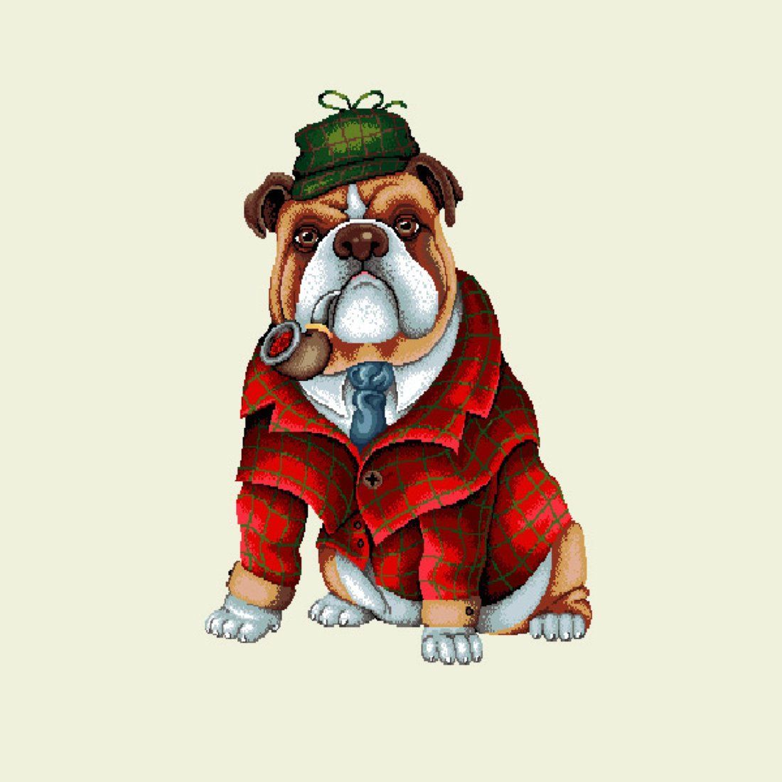 🐾 Framsida till kudde / tavla / väska – Motiv “Bulldog detektiv”