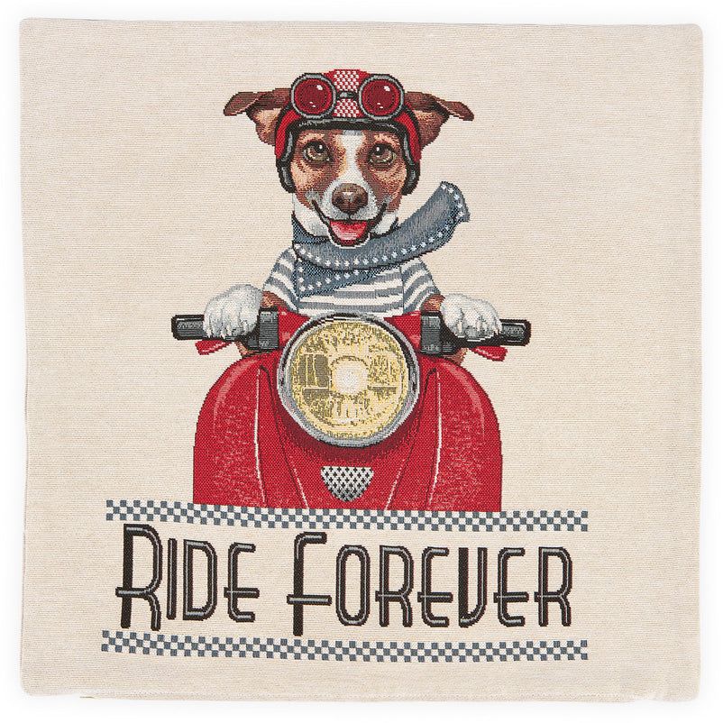 🛵 Framsida till kudde / tavla / väska – Motiv “Hund på röd skoter – Ride Forever”