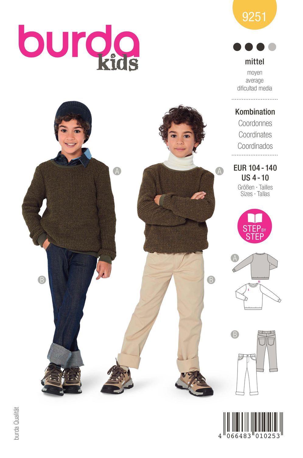 👕 Burda Style 9251 - Mysig tröja &amp; 5-pocket byxor för barn (stl 104–140)