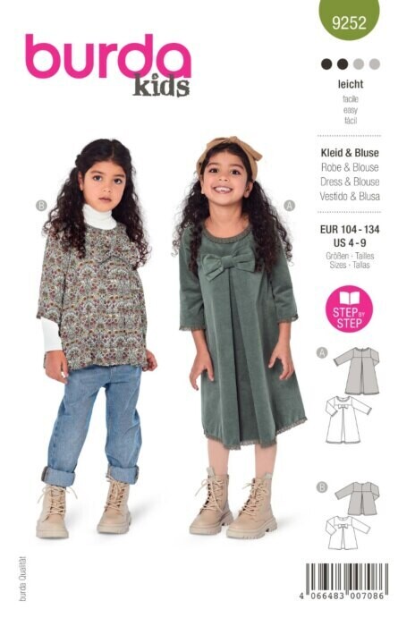 👗 Burda Style 9252 - Topp, Blus &amp; A-linjeformad klänning för barn (stl 104–134)