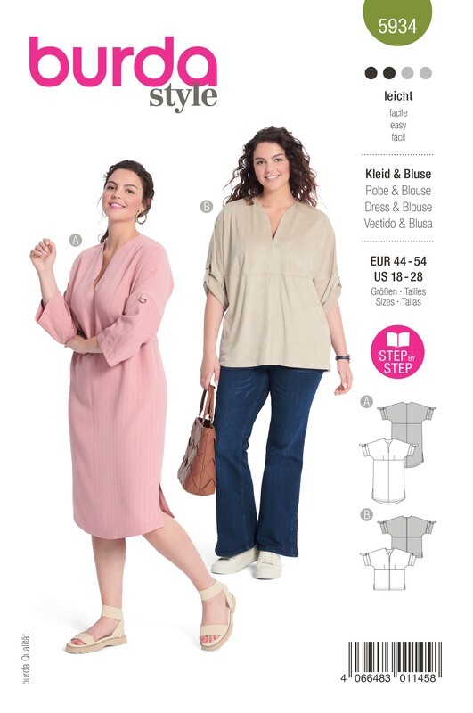 👗 Burda Style 5934 Klänning &amp; Blus med V-ringning (44–54)