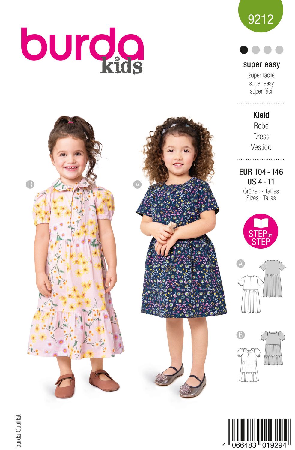 👗 Burda Style 9212 - Klänningar för flicka med bubikrage &amp; volanger (stl 104–146)