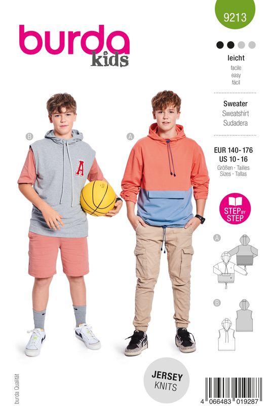 👕 Burda Style 9213 - Hoodie med color blocking för barn (stl 140–176)