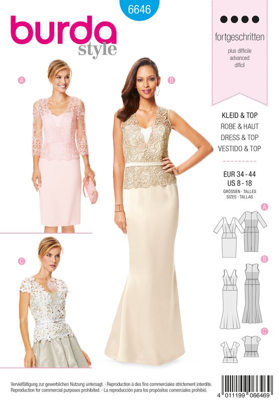 👗 Burda Style mönster 6646 – Aftonklänning &amp; spetstopp dam (stl 34–44)