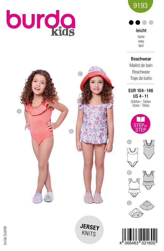 👙 Burda Style Mönster 9193 – Baddräkt &amp; Solhatt för Flickor (104–146)
