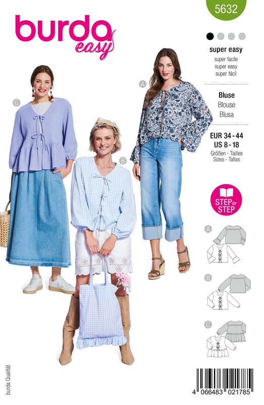👚 Burda Style Mönster 5632 – Blusar med Bindband för Dam (34–44)