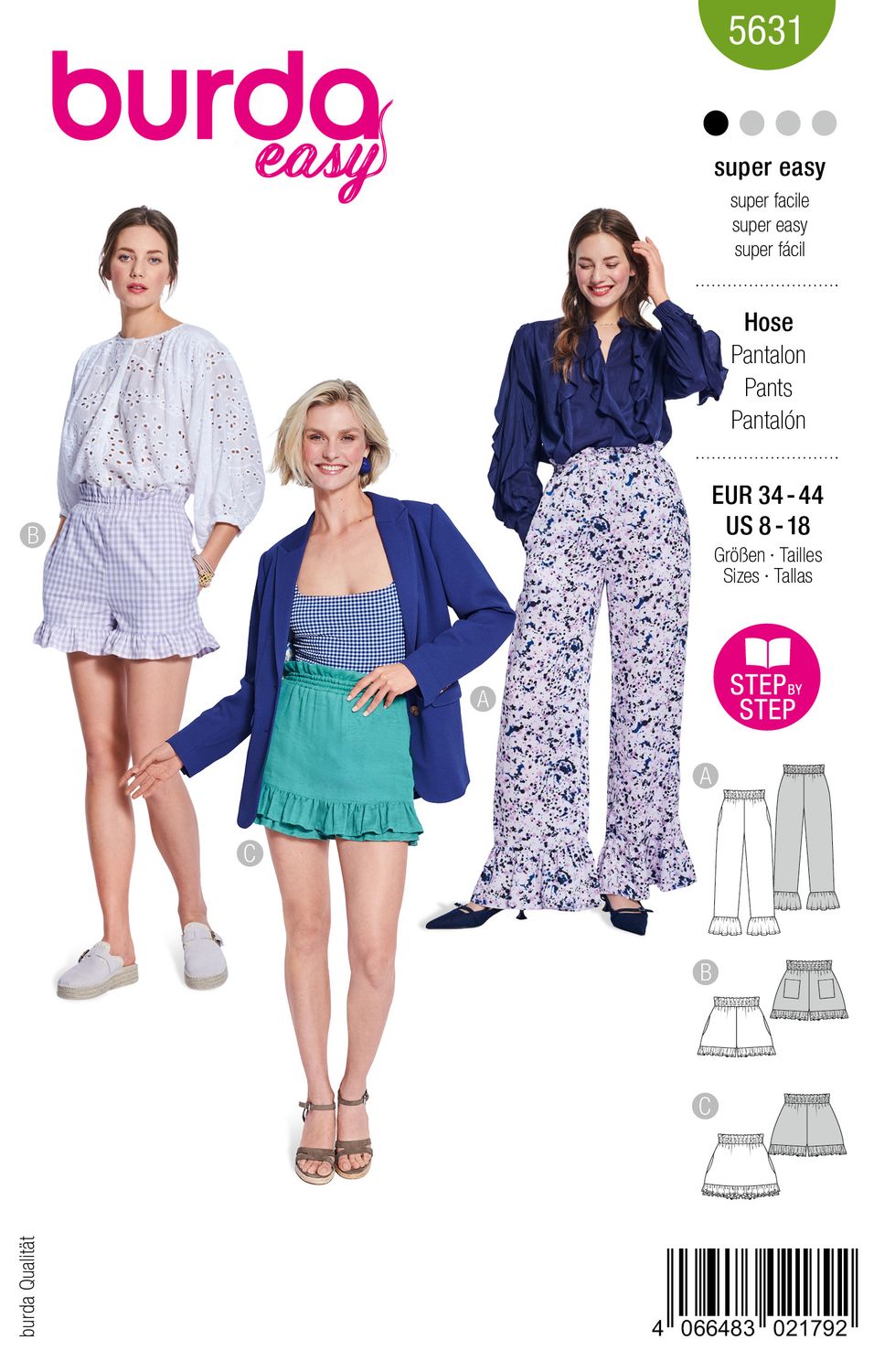 👖 Burda Style Mönster 5631 – Byxor &amp; Shorts med Ryschdetaljer för Dam (34–44)