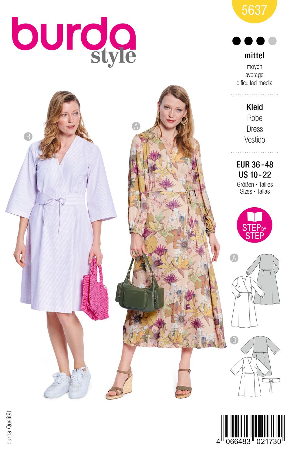 👗 Burda Style Mönster 5637 – Midi Omlottklänningar för Dam (36–48)