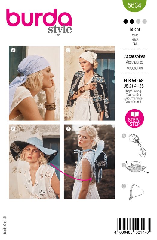 👒 Burda Style Mönster 5634 – Huvudbonader &amp; Accessoarer (One size)