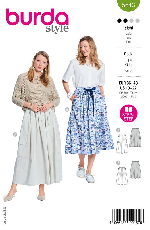 👗 Burda Style Mönster 5643 – Veckade Kjolar för Dam (36–48)