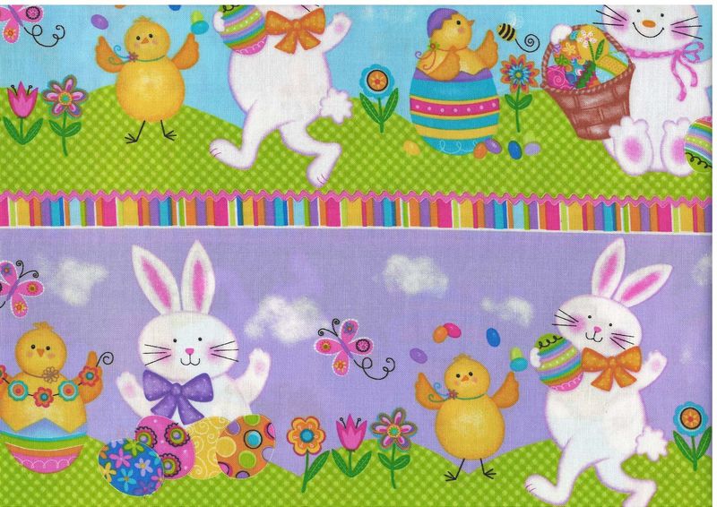 Patchworktyg med påskharar, kycklingar och färgglada ägg – bomullstyg med påskmotiv.