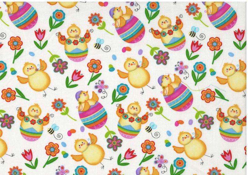 Bomullstyg med påskkycklingar, ägg och blommor – patchworktyg med färgglatt påskmotiv.