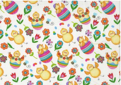 Bomullstyg med påskkycklingar, ägg och blommor – patchworktyg med färgglatt påskmotiv.