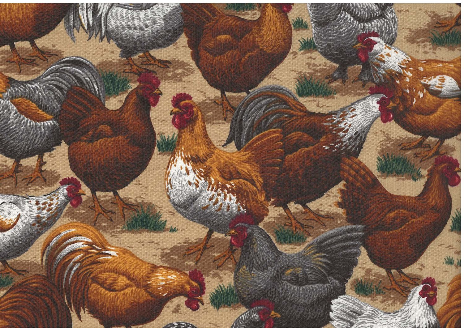Bomullstyg med höns och tuppar – lantligt patchworktyg med hönsmotiv.