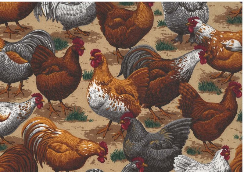 Bomullstyg med höns och tuppar – lantligt patchworktyg med hönsmotiv.