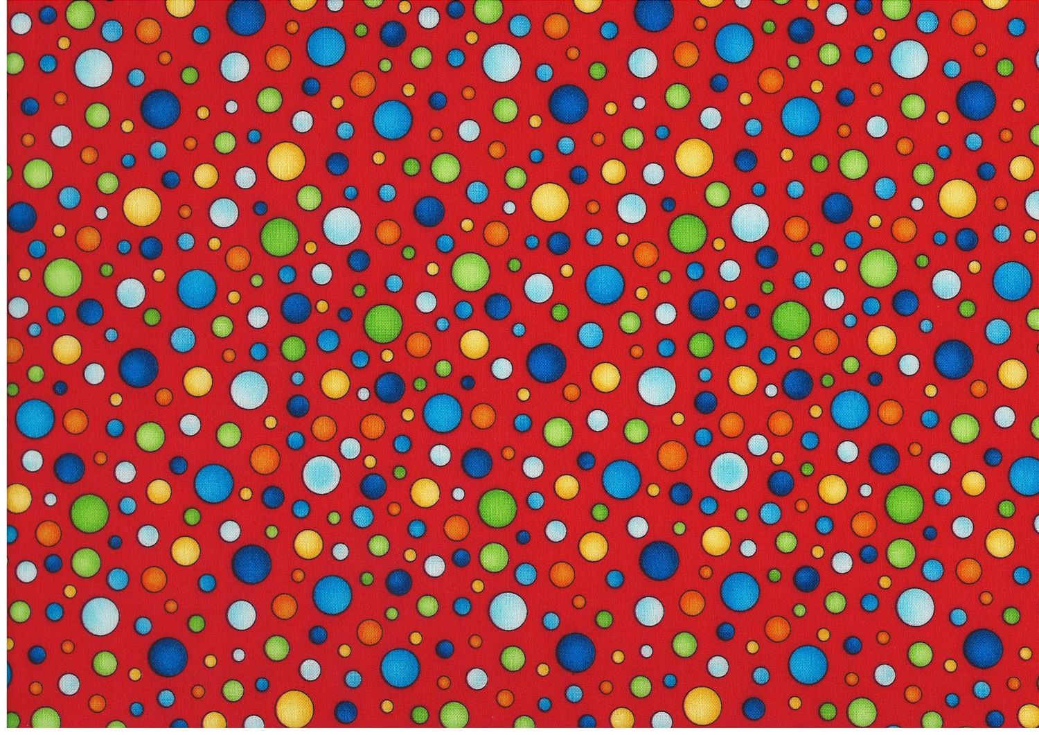Bomullstyg med färgglada prickar på röd botten – patchworktyg.