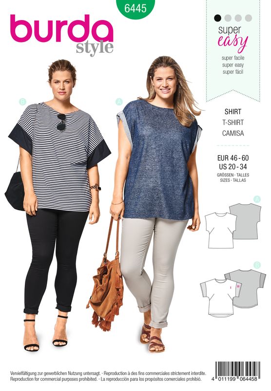 👕 Burda Style mönster 6445 – T-shirt dam (stl 46–60)