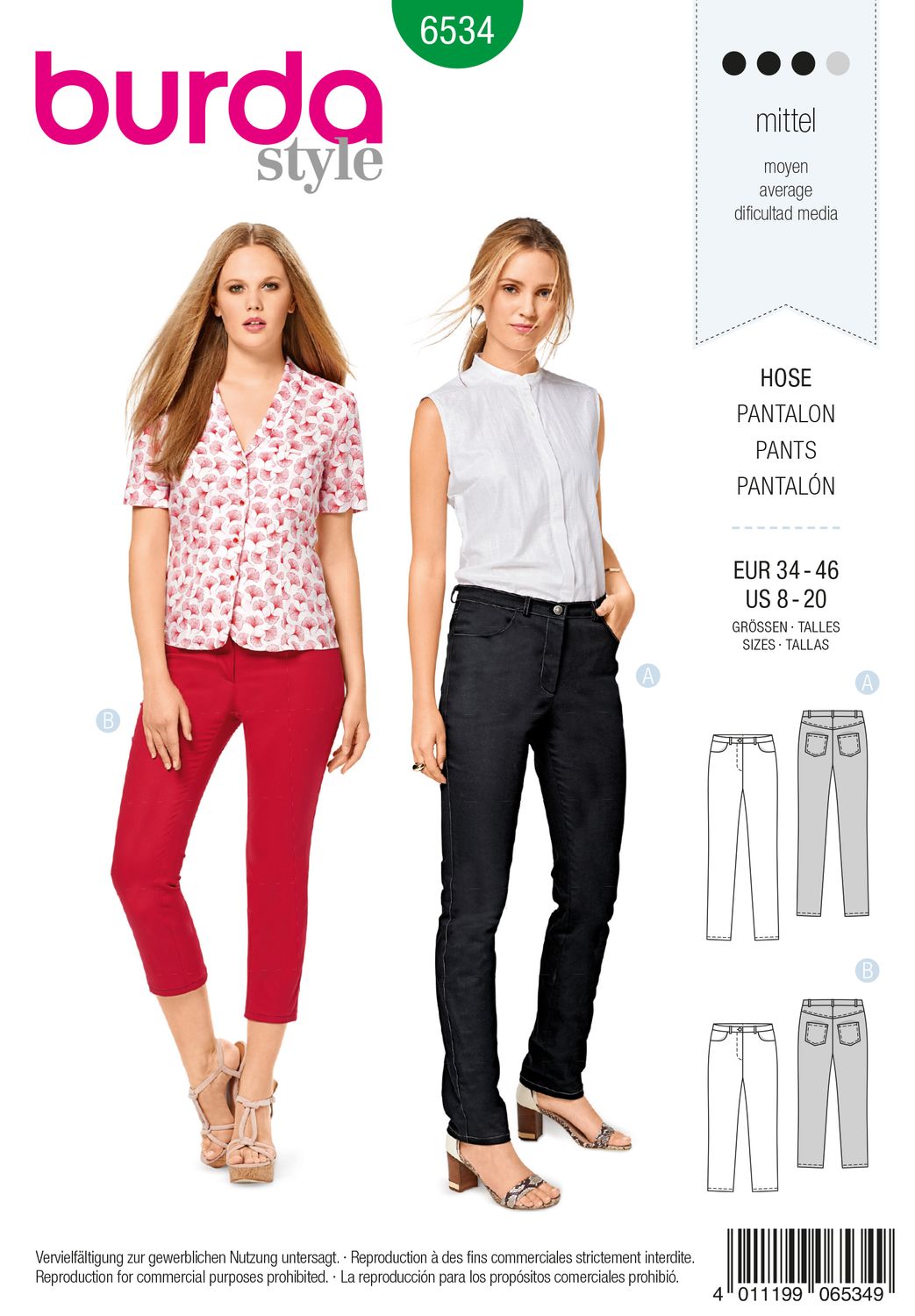 👖 Burda Style mönster 6534 – Jeans &amp; 3/4-byxa dam (stl 34–46)