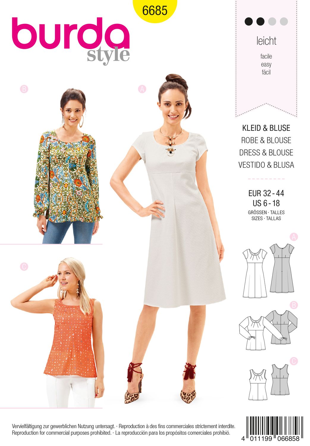 👗 Burda Style mönster 6685 – Klänning, blus &amp; topp dam (stl 32–44)