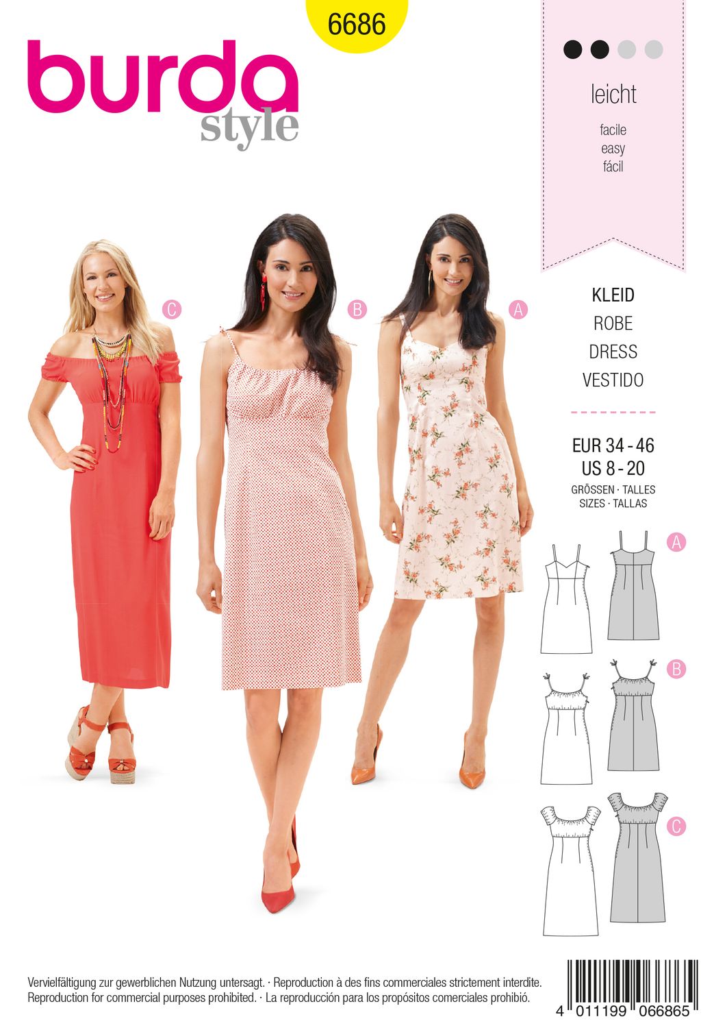 👗 Burda Style mönster 6686 – Klänning, hängselklänning &amp; Carmenk­länning dam (stl 34–46)