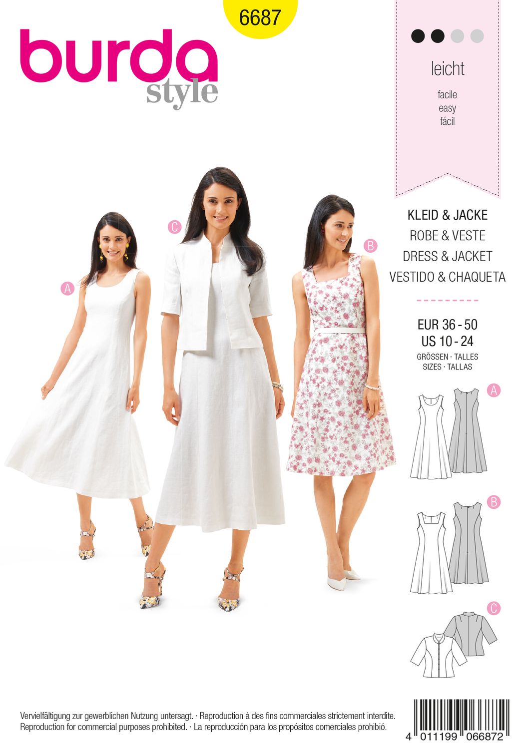 👗 Burda Style mönster 6687 – Klänning &amp; kort jacka dam (stl 36–50)