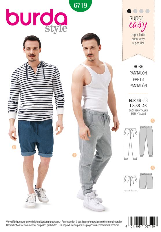 👖 Burda Style mönster 6719 – Joggingbyxa &amp; bermudashorts herr (stl 46–56)