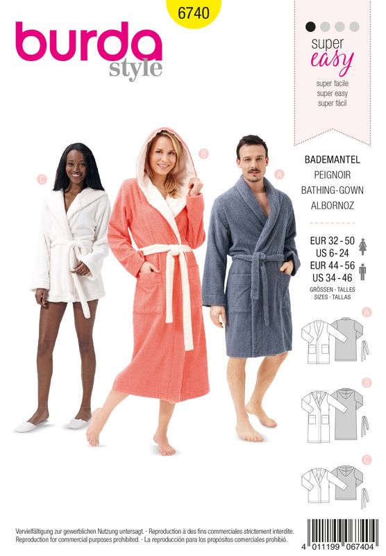 🧥 Burda Style mönster 6740 – Morgonrock dam &amp; herr (stl 32–50)