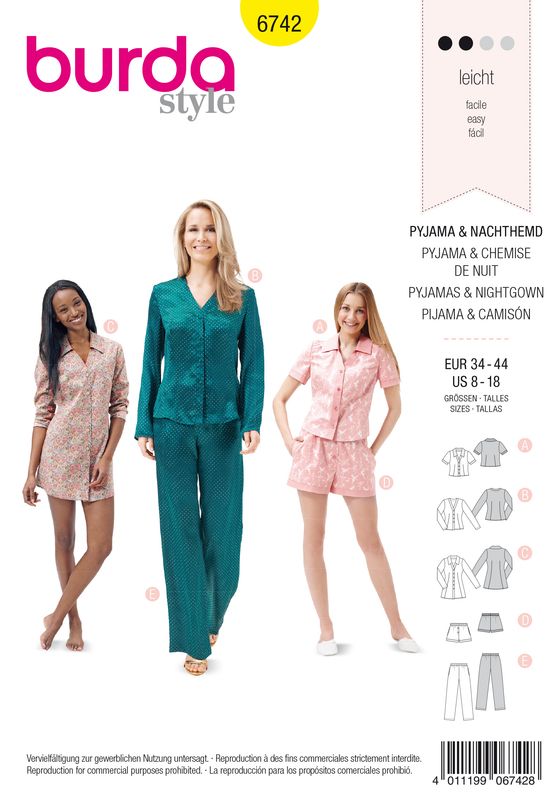 👚 Burda Style mönster 6742 – Pyjamas &amp; nattlinne dam (stl 34–44)