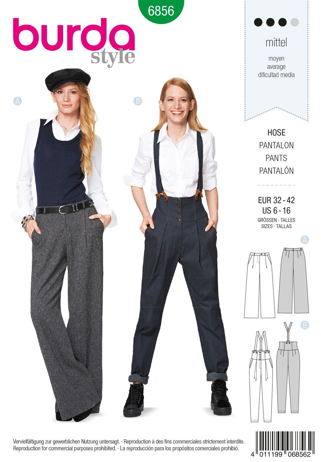 👖 Burda Style mönster 6856 – Marlenebyxa &amp; byxa med hängslen dam (stl 32–42)