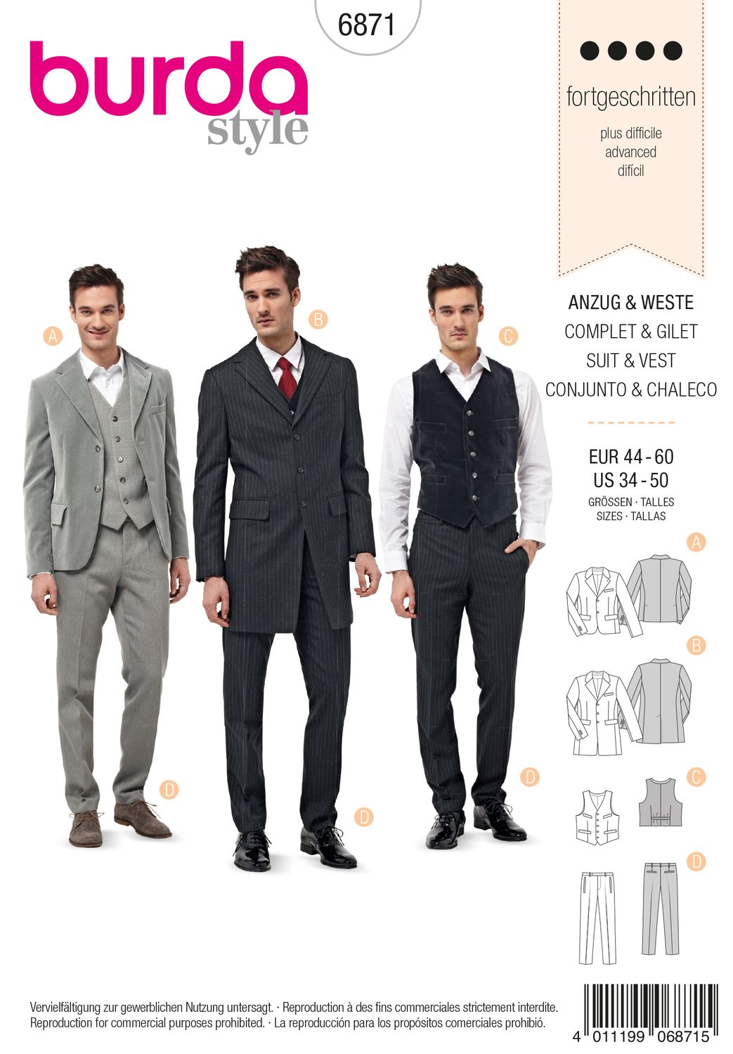🤵 Burda Style mönster 6871 – Herrkostym med väst &amp; byxa (stl 44–60)