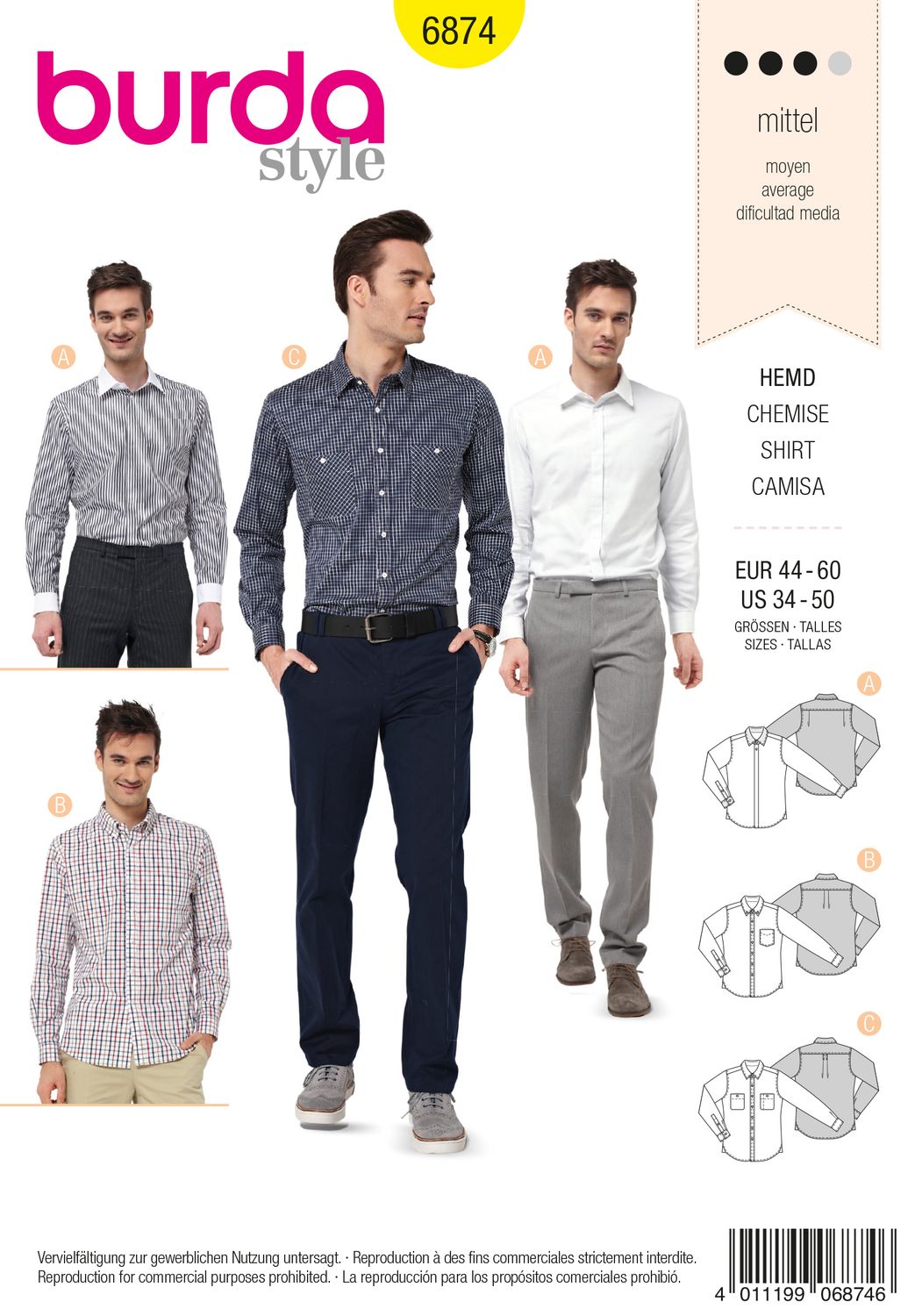 👔 Burda Style mönster 6874 – Herrskjorta med olika kragar (stl 44–60)