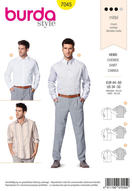 👔 Burda Style mönster 7045 – Herrskjorta med olika kragar (stl 44–60)