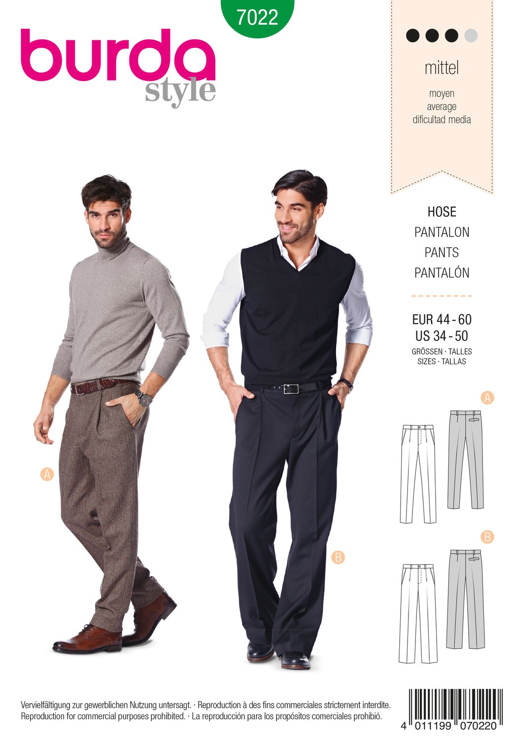 👖 Burda Style mönster 7022 – Herrbyxor med midjeveck (stl 44–60)