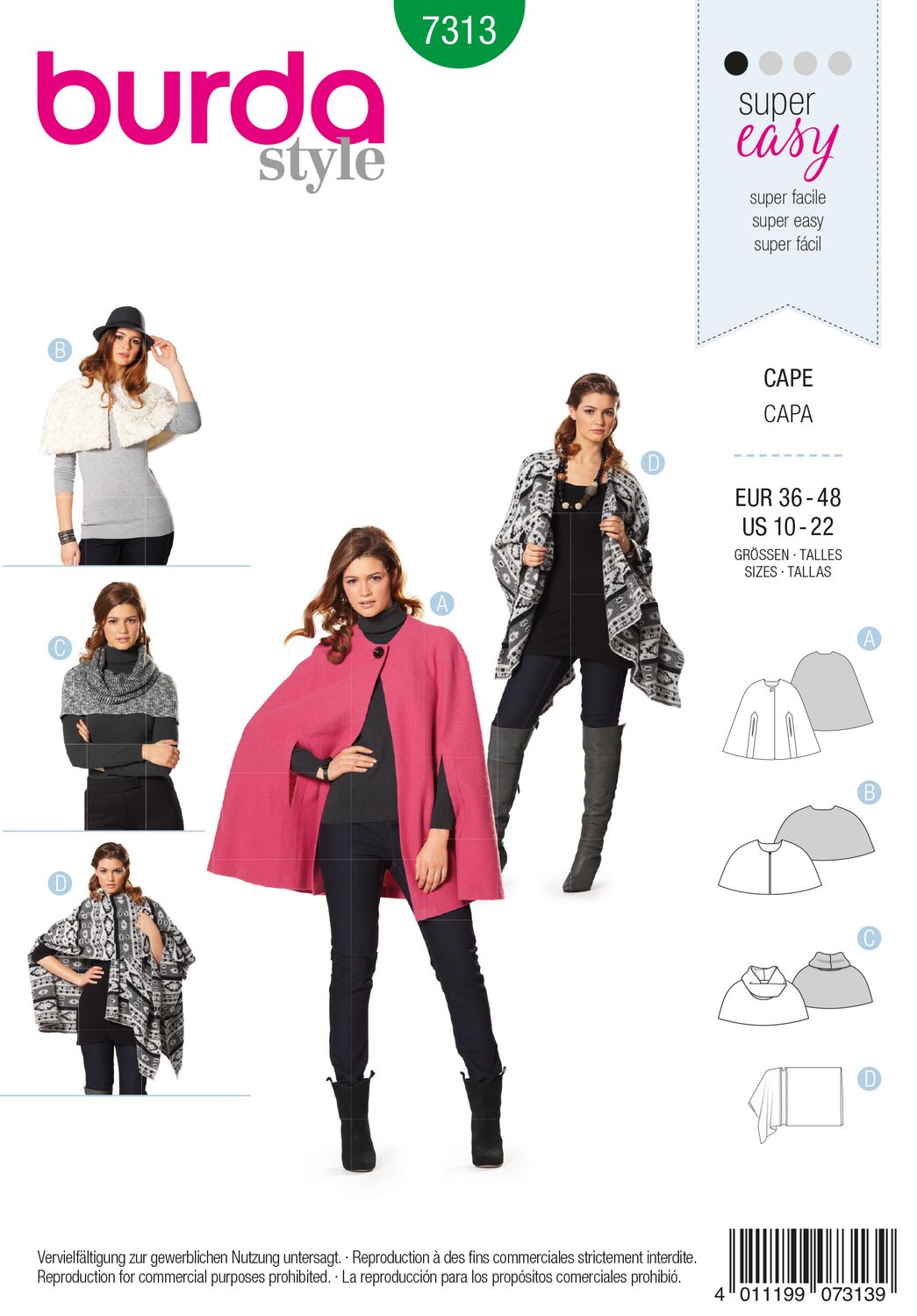 🧥 Burda Style 7313 – Cape och stickad fakepäls för dam