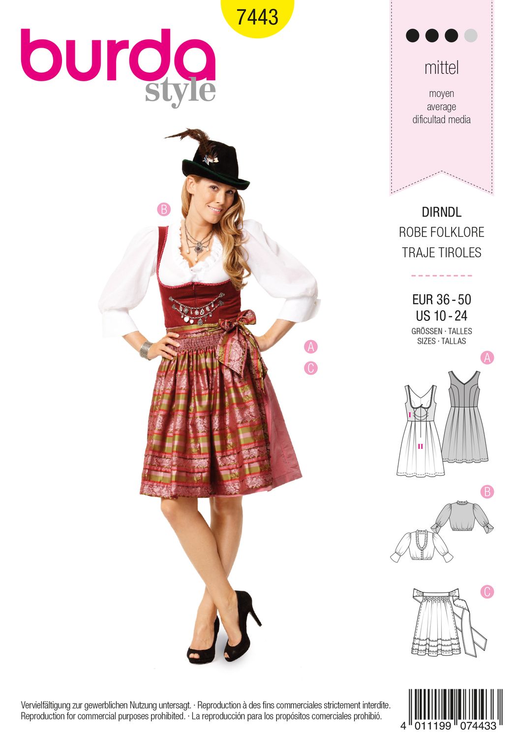 👗 Burda Style 7443 – Dirndl för dam (stl 36–50)