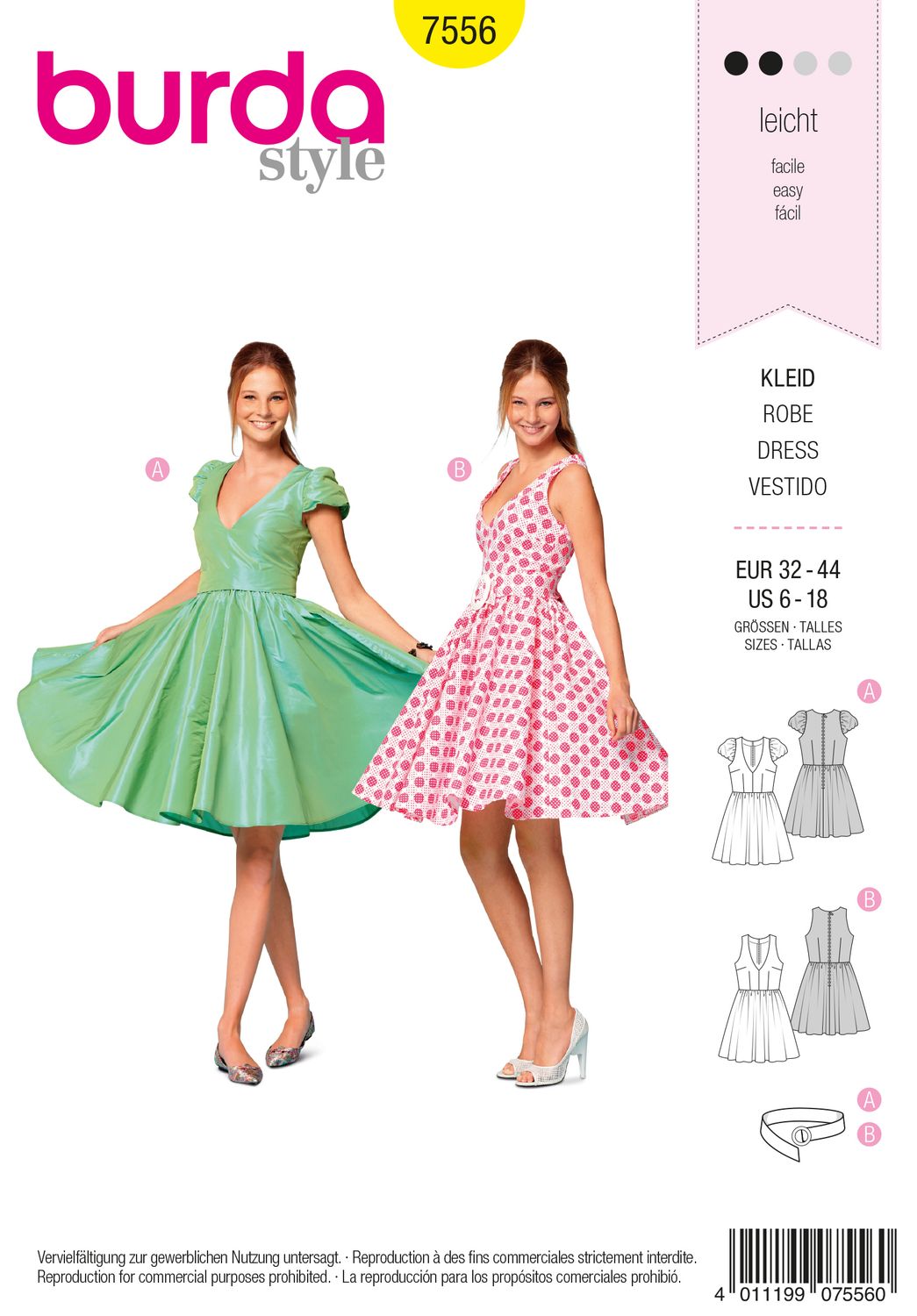 👗 Burda Style 7556 – Klänning och 50-talskjol för dam (stl 32–44)